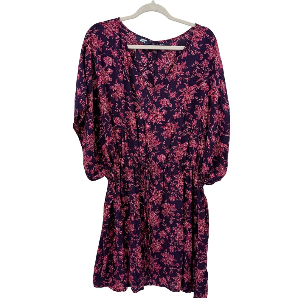 Lands End Purple Pink Floral‎ Modal V-Neck Elastic Waist Dress XL-XXL